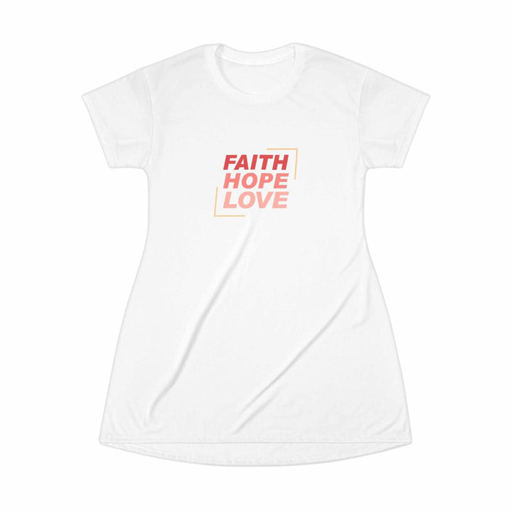 White Faith Hope T-Shirt Dress with red and orange lettering