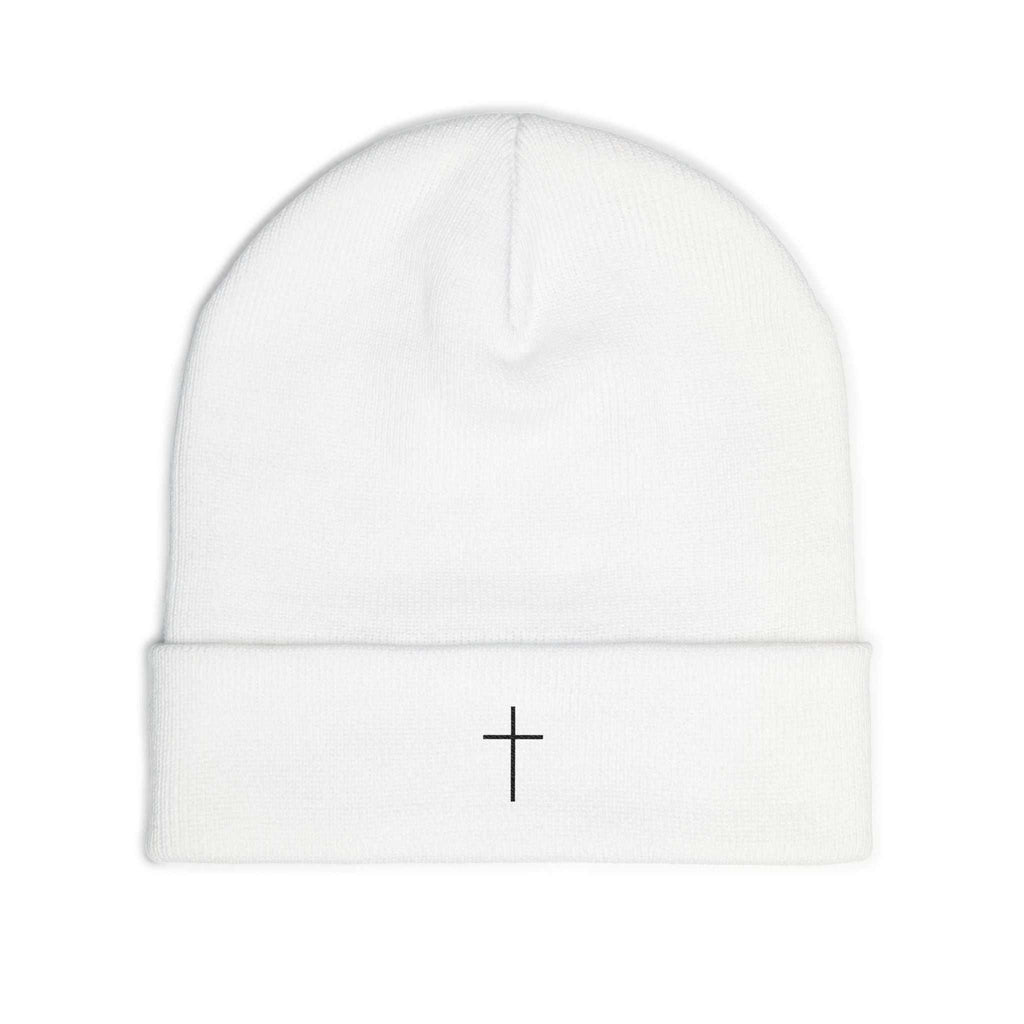 White Faith Knit Beanie with embroidered cross