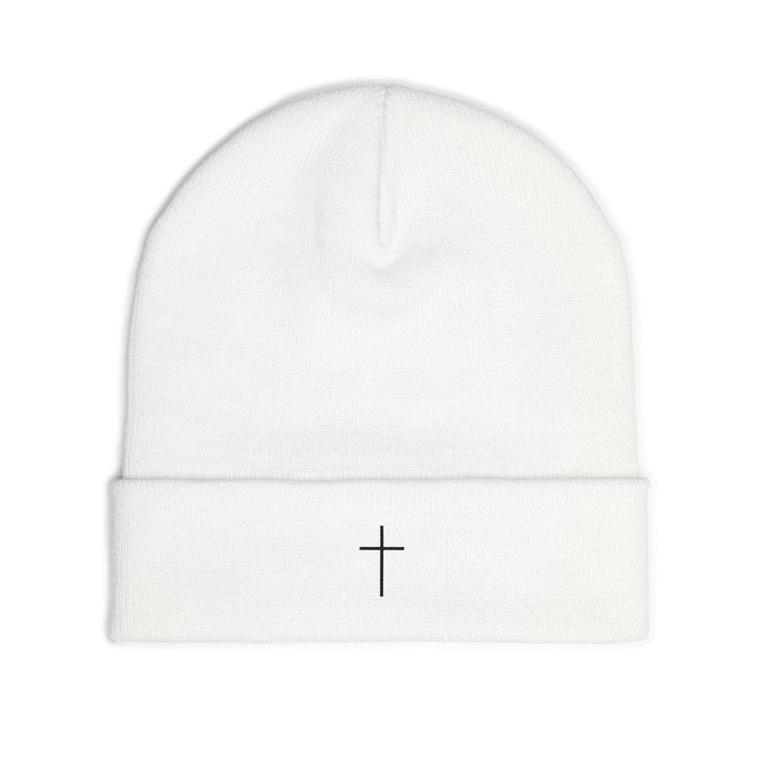 White Faith Knit Beanie with embroidered cross