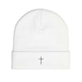 White Faith Knit Beanie with embroidered cross