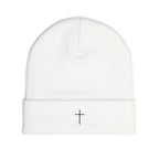 White Faith Knit Beanie with embroidered cross