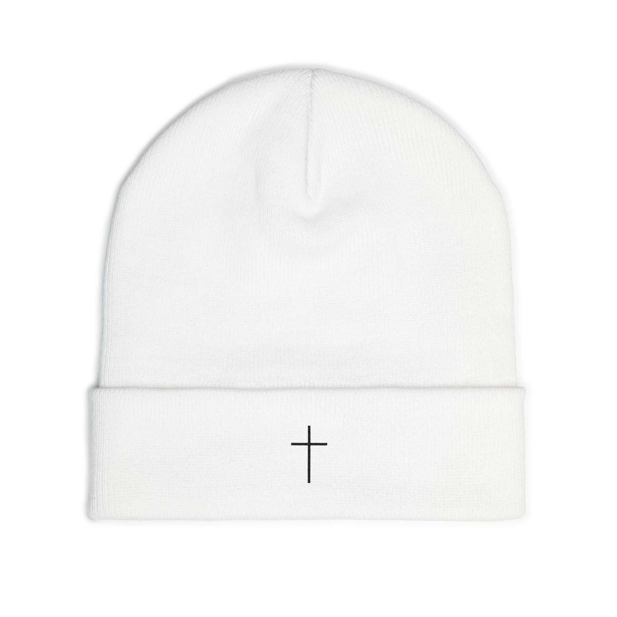 White Faith Knit Beanie with embroidered cross