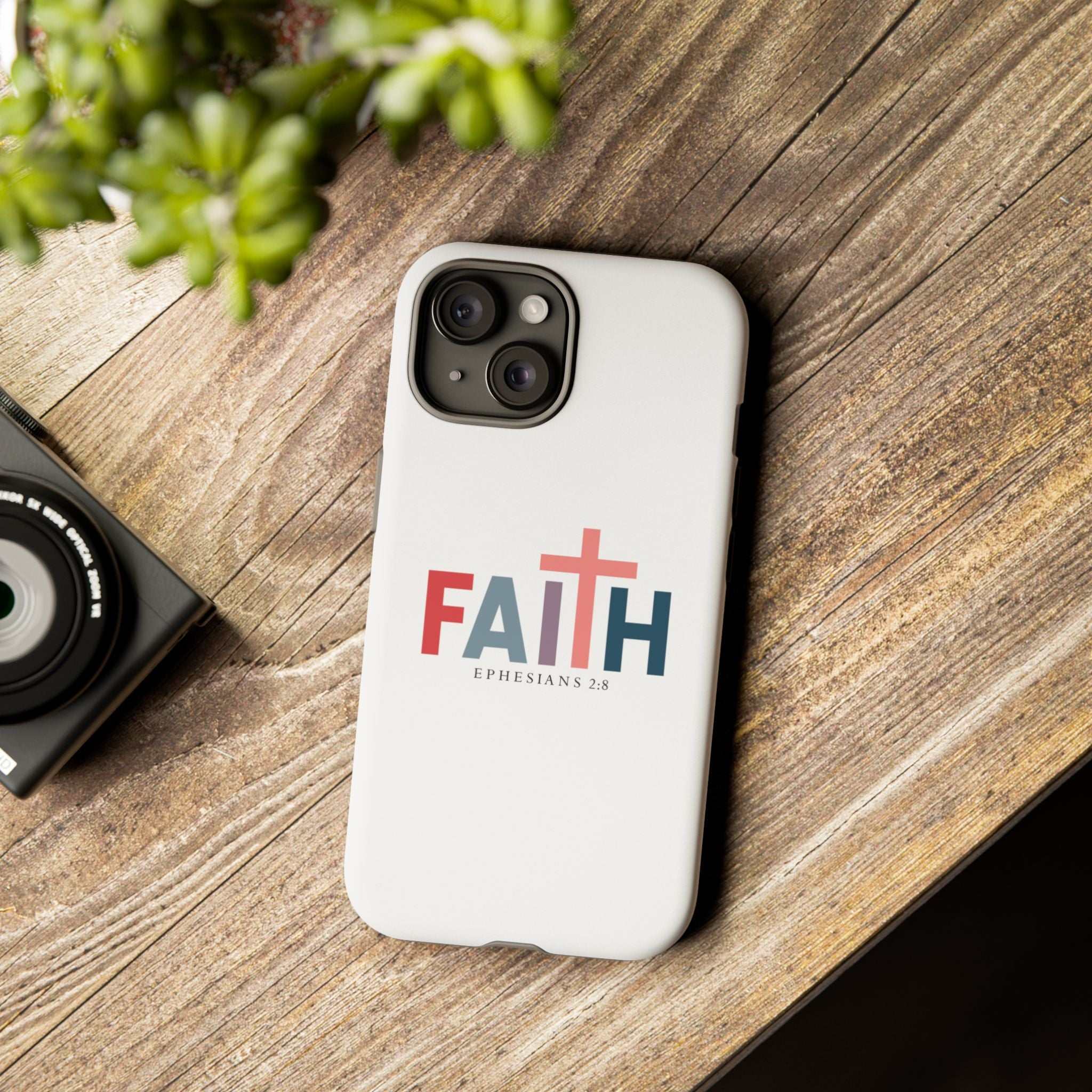 White Faith Phone Case with Ephesians 2:8 design for iPhone