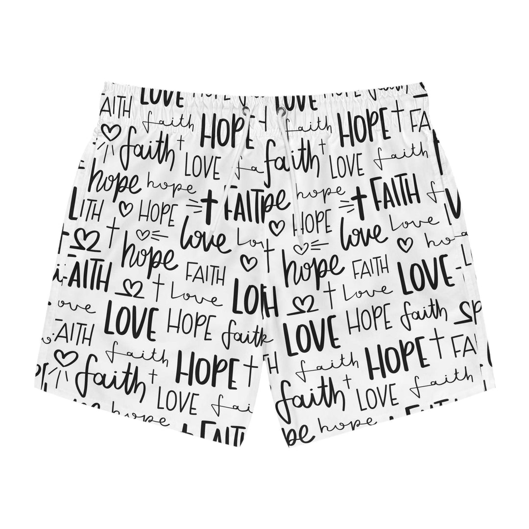 White Faith Swim Trunks with black handwritten faith, hope, love text