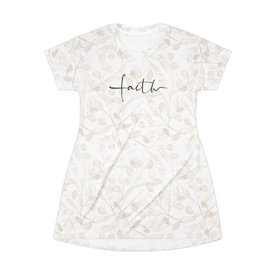 White Faith T-Shirt Dress with beige leaf print
