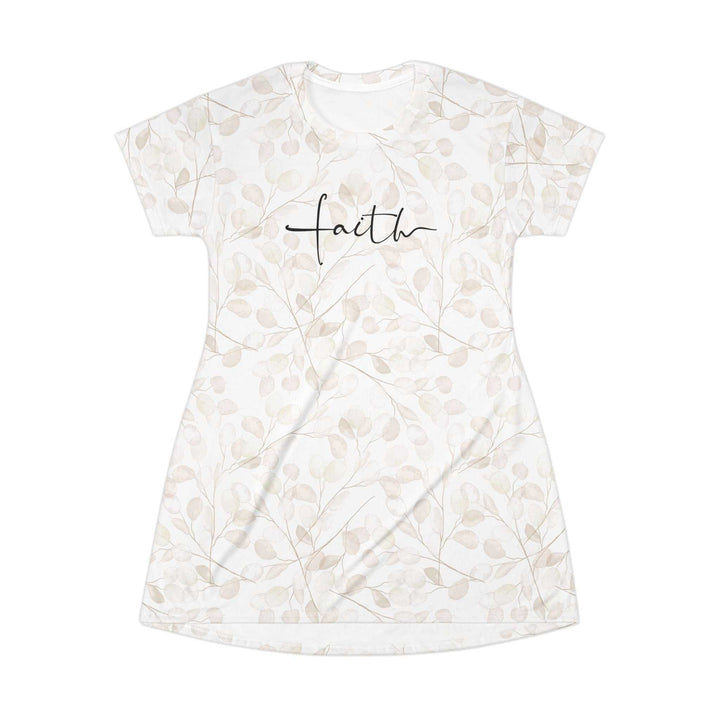 White Faith T-Shirt Dress with beige leaf print