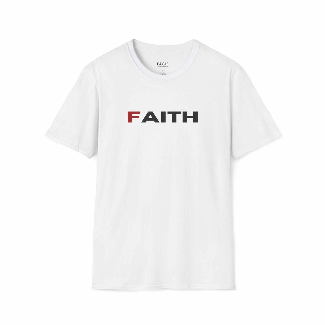 White Faith T-Shirt with bold text design, classic fit, made of 100% ring-spun cotton for comfort and style.