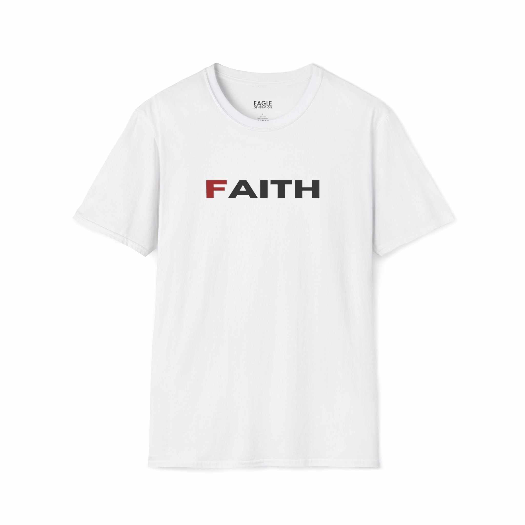 White Faith T-Shirt with bold lettering, 100% cotton, classic fit, tear-away label