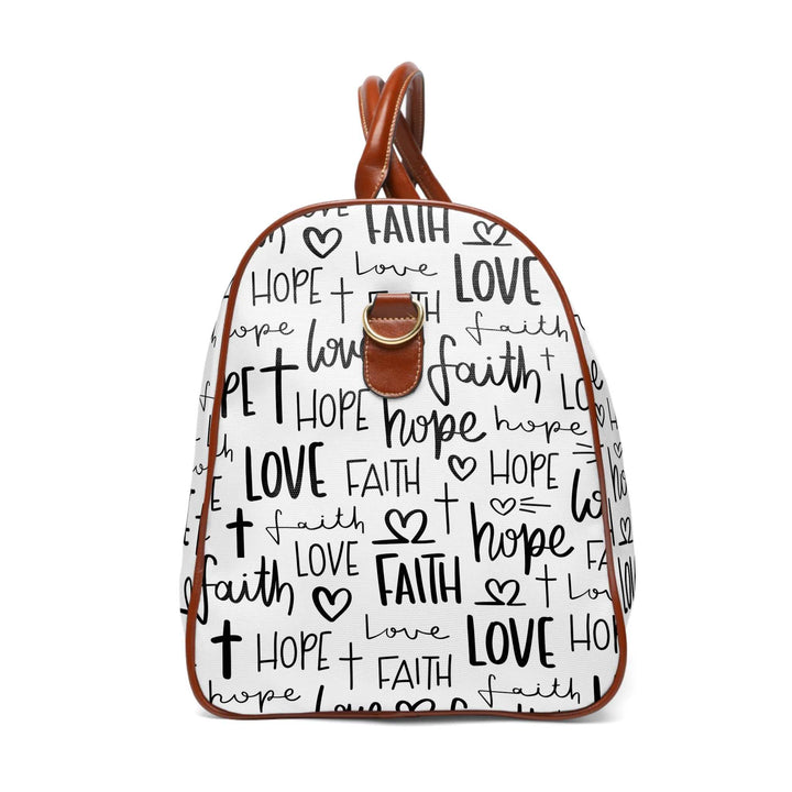 White Faith Travel Bag with black inspirational text