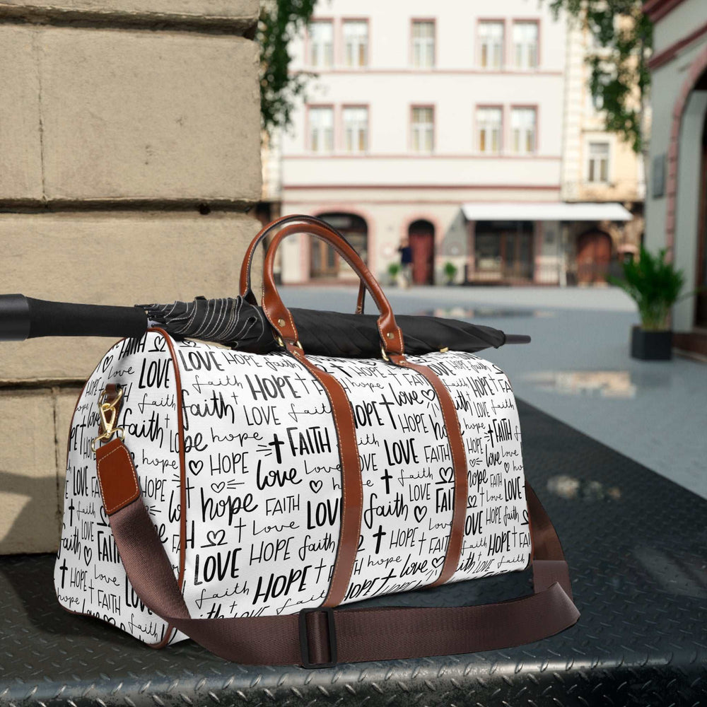 White Faith Travel Bag with black inspirational text print