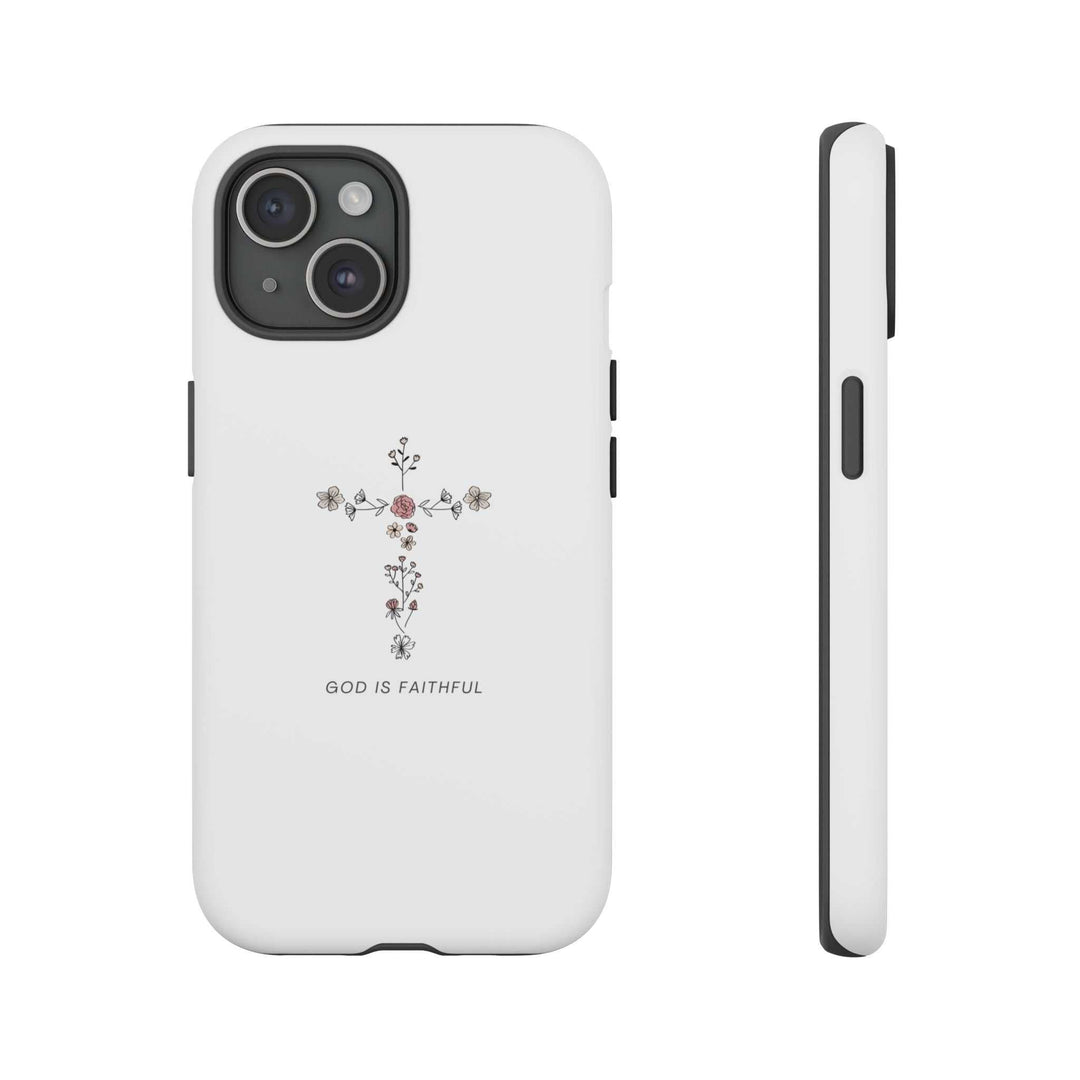 White Faithful God phone case with floral cross design and "God is Faithful" text, durable dual-layer protection, matte finish, and clear port access.