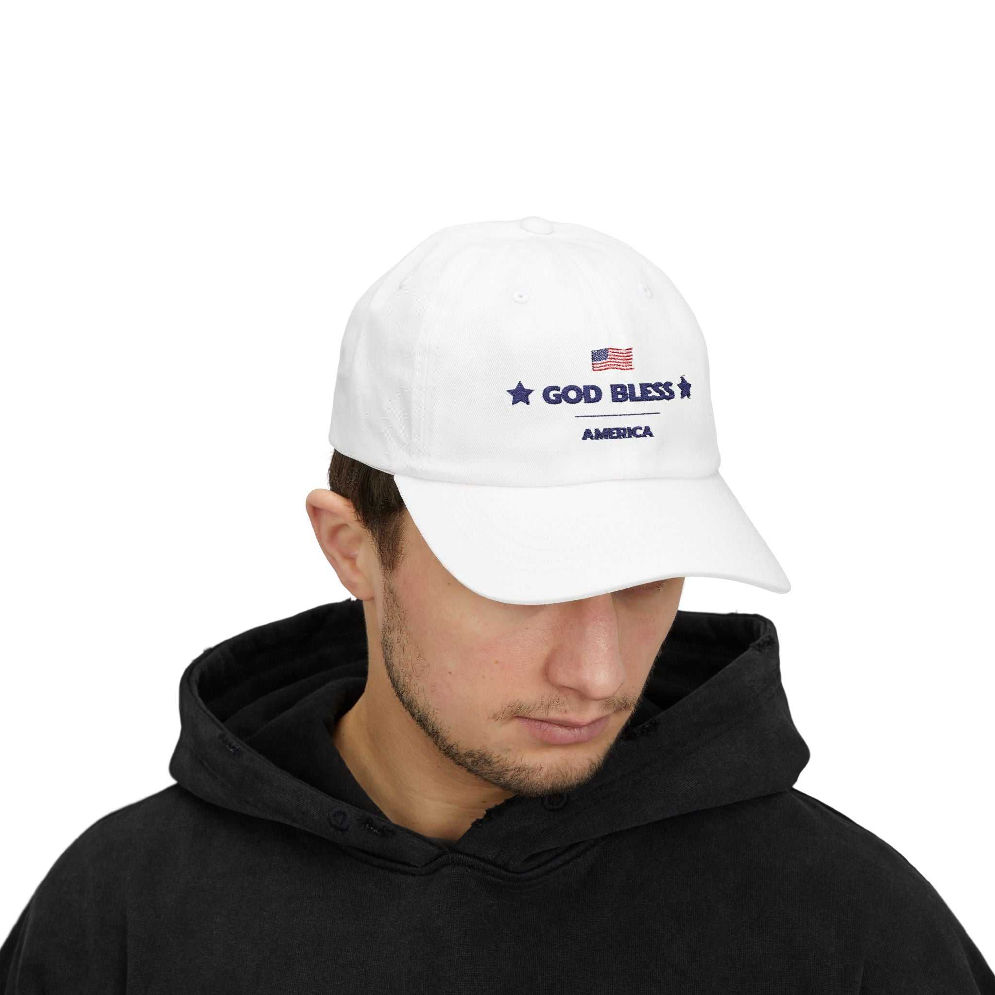 White God Bless America cap with embroidered flag and text on front