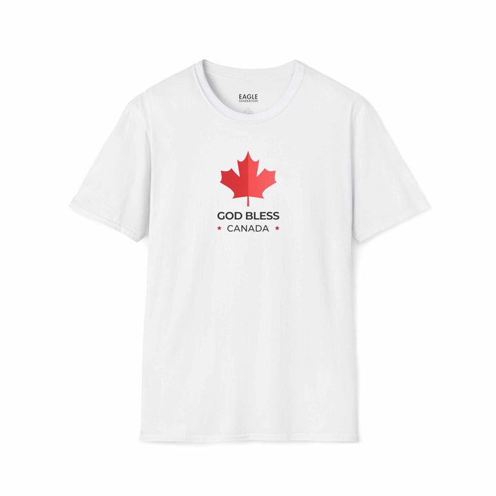 White God Bless Canada T-Shirt with red maple leaf graphic and text
