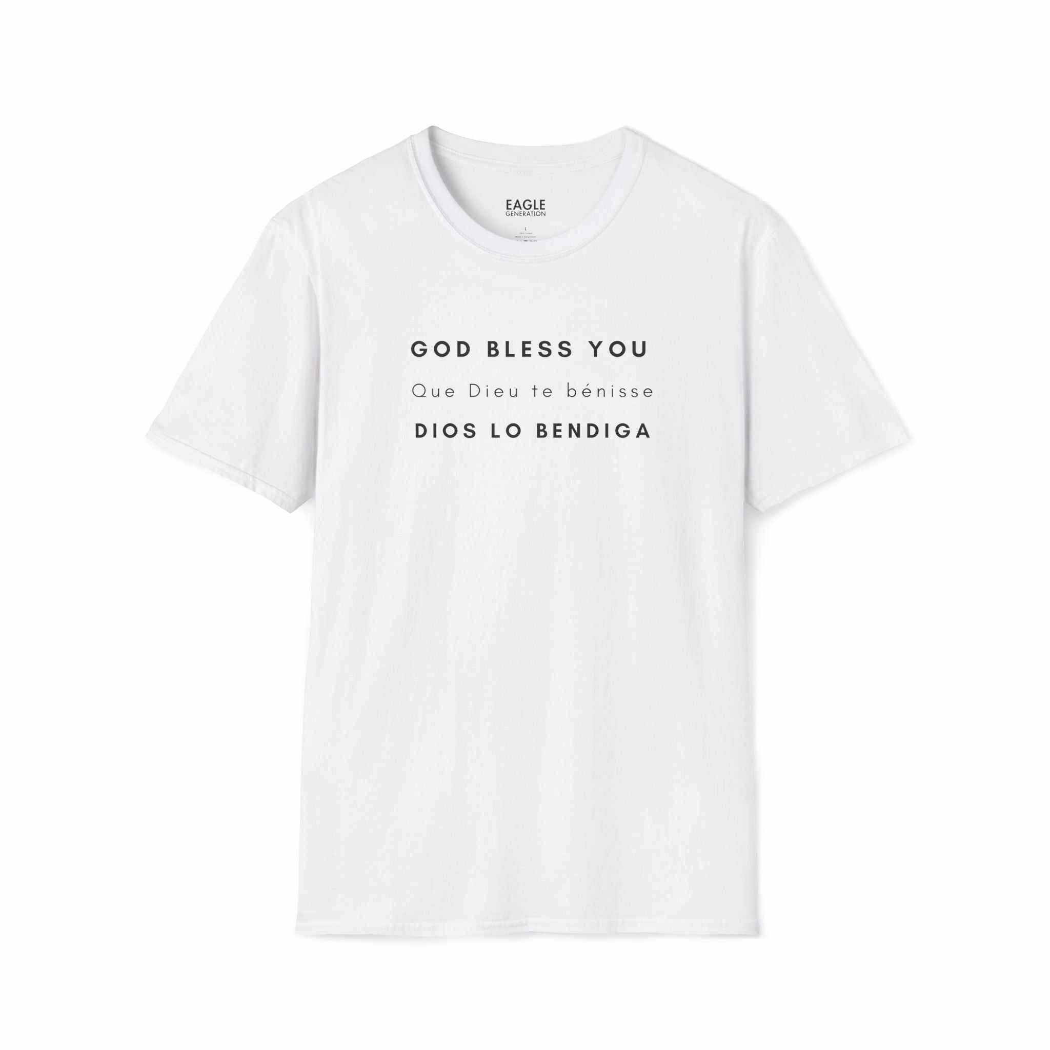 White God Bless T-Shirt with multilingual blessing text