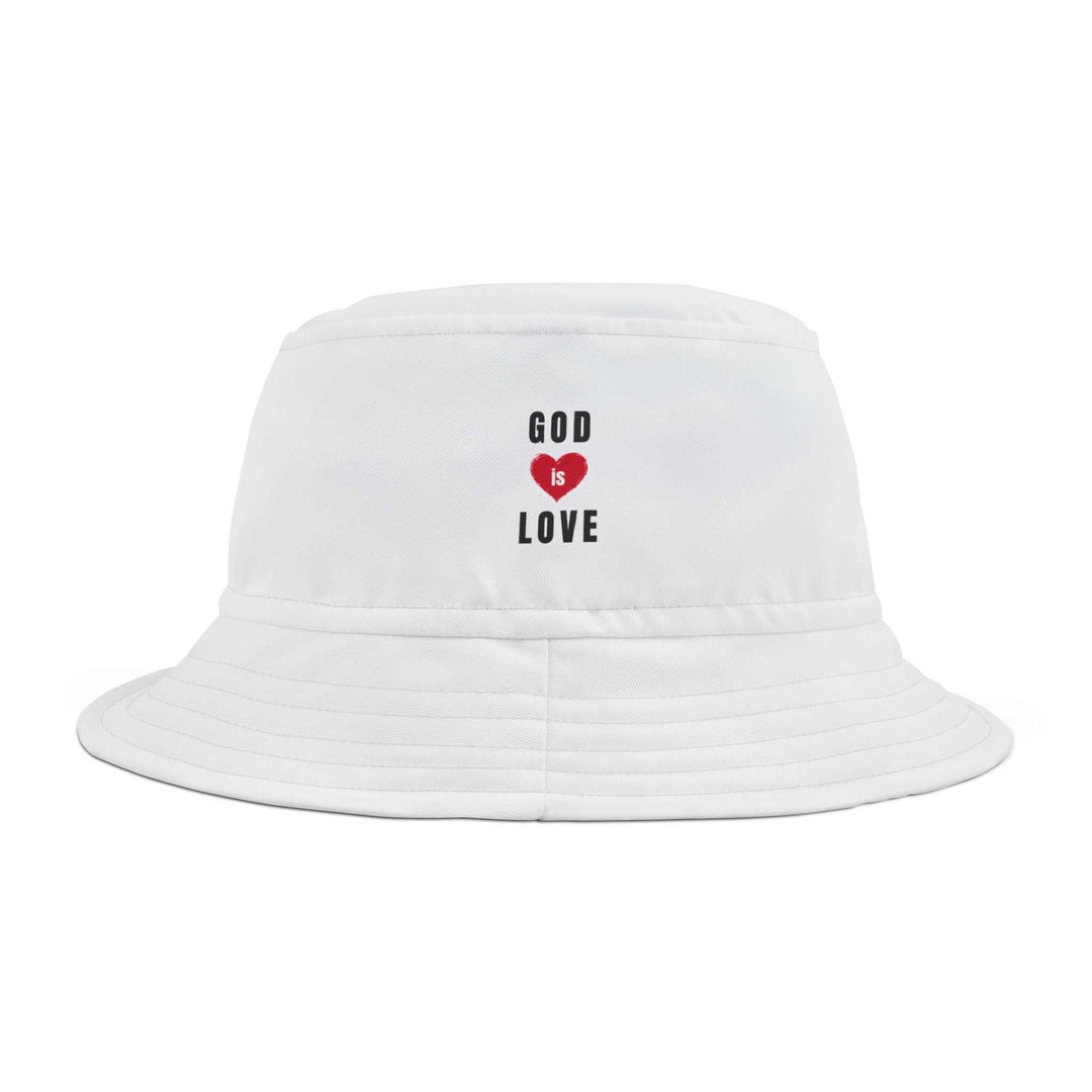 White God Is Love bucket hat with red heart detail and black text