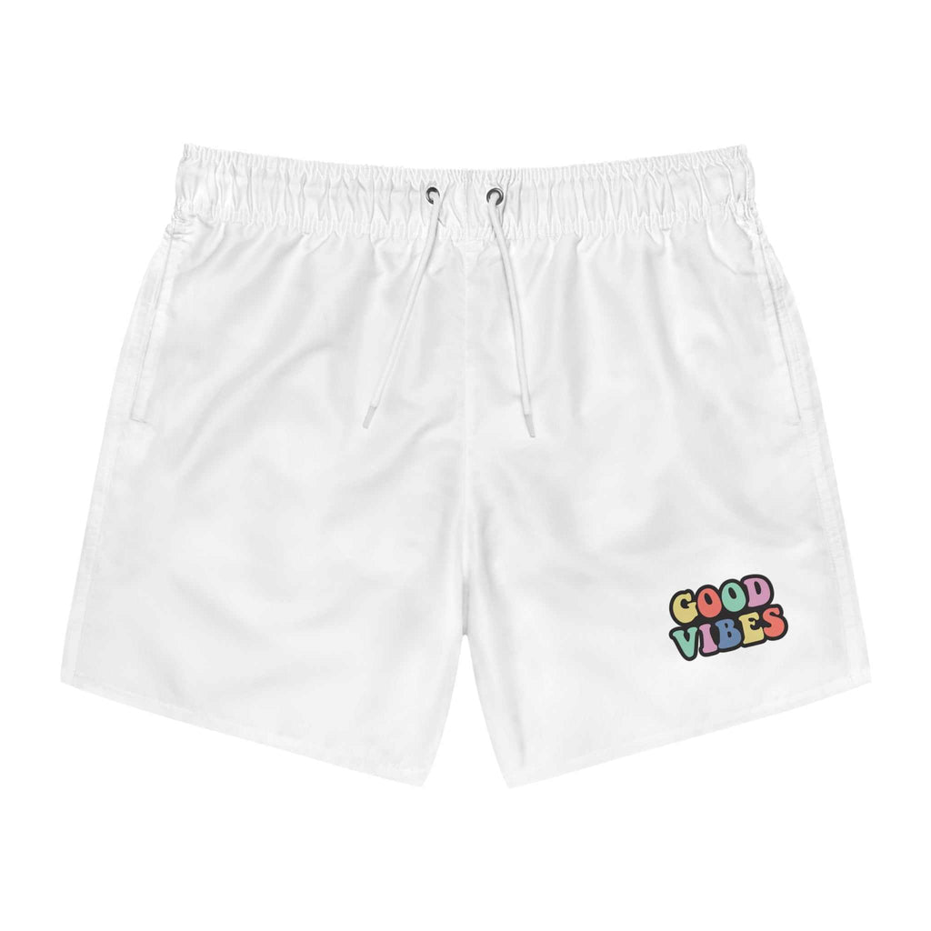 White Good Vibes Swim Trunks with colorful logo