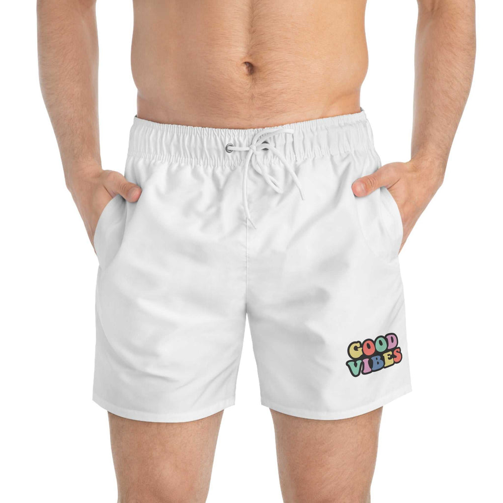 White Good Vibes Swim Trunks with colorful logo and drawstring waist