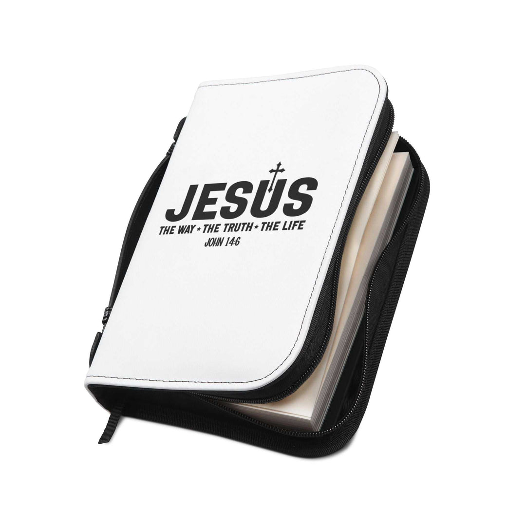 White Jesus Bible Cover with black zipper and handle