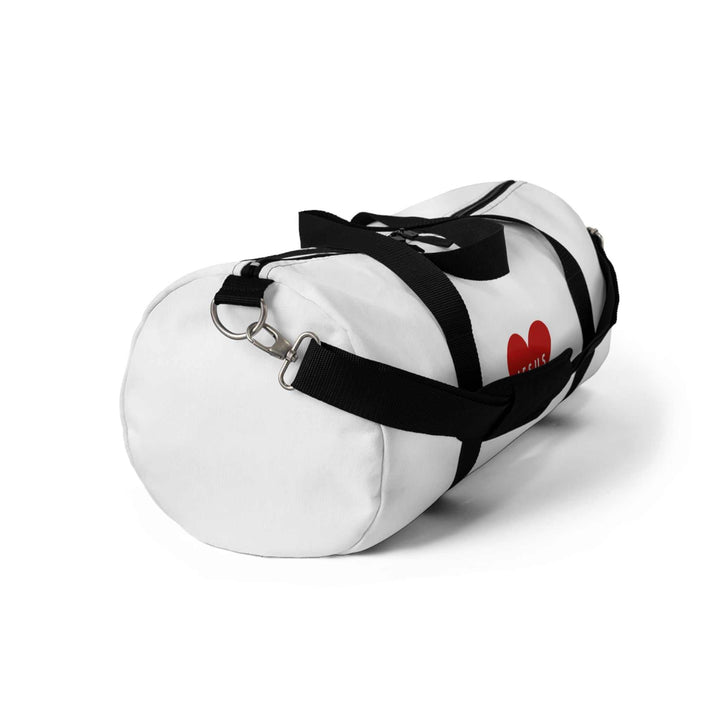 White Jesus Duffel Bag with black adjustable shoulder strap