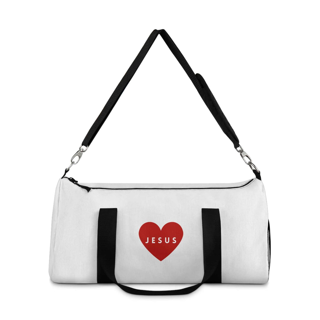 White Jesus duffel bag with red heart design