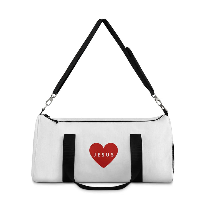 White Jesus duffel bag with red heart design