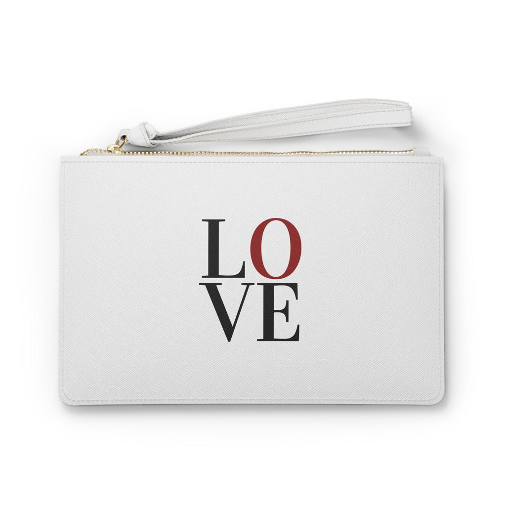 White faux leather clutch bag with LOVE print, wrist strap, and saffiano texture
