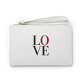 White faux leather clutch bag with LOVE print, wrist strap, and saffiano texture