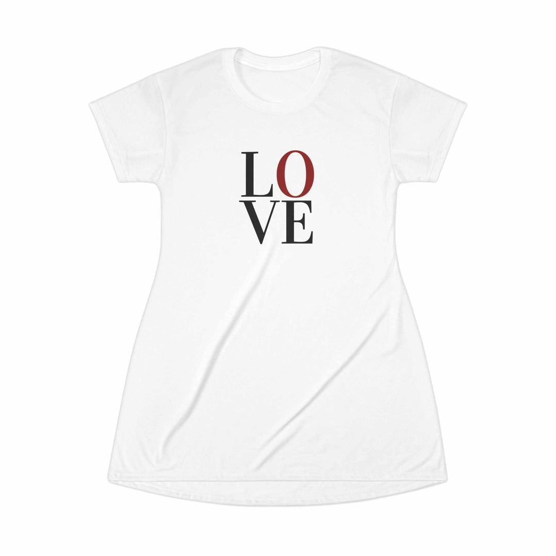 White Love T-Shirt Dress with black and red text