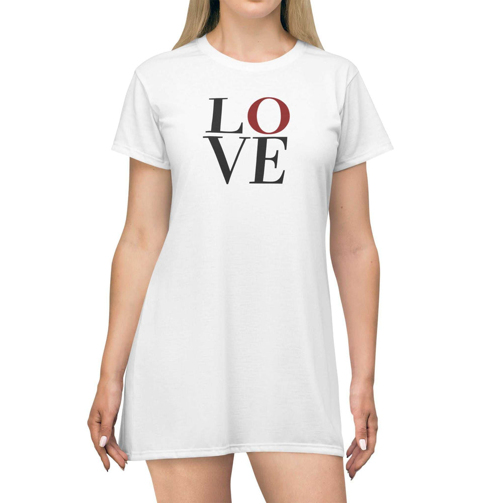 White Love T-Shirt Dress with bold black and red letters