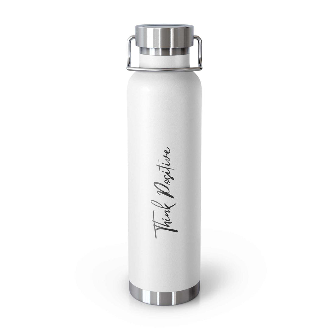 White stainless steel water bottle with "Think Positive" text, durable and spill-proof design.