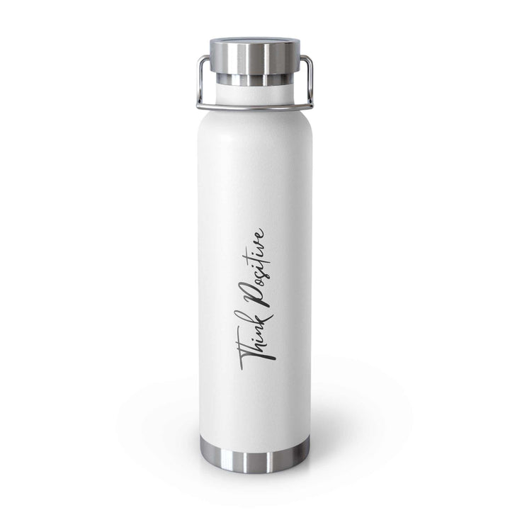 White stainless steel water bottle with "Think Positive" text, durable and spill-proof design.