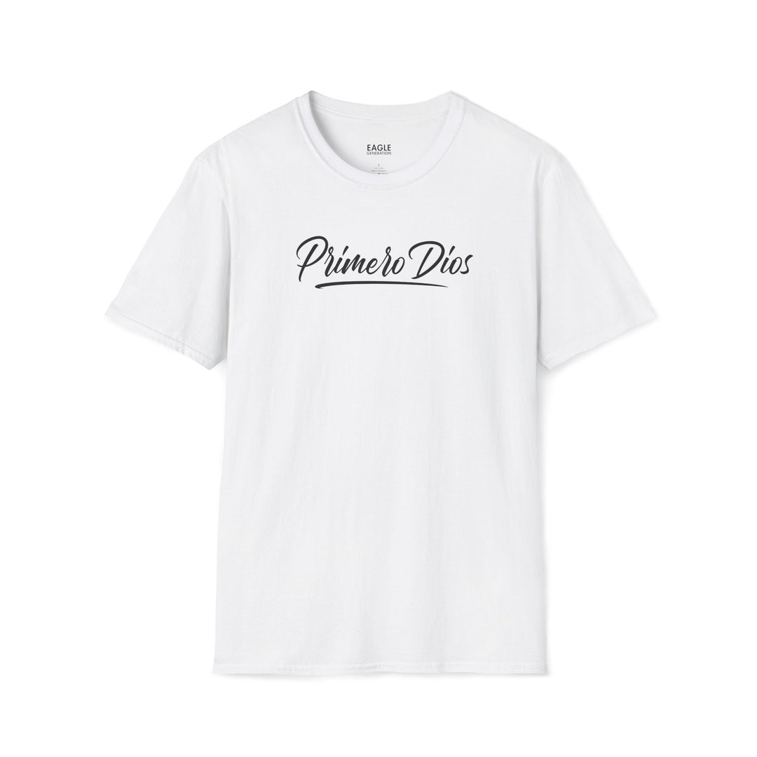 White Primero Dios T-Shirt with black script text, classic fit, made of 100% ring-spun cotton