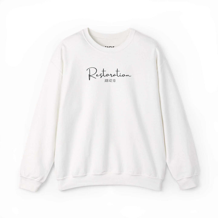 White Restoration Sweatshirt with black screen-printed text
