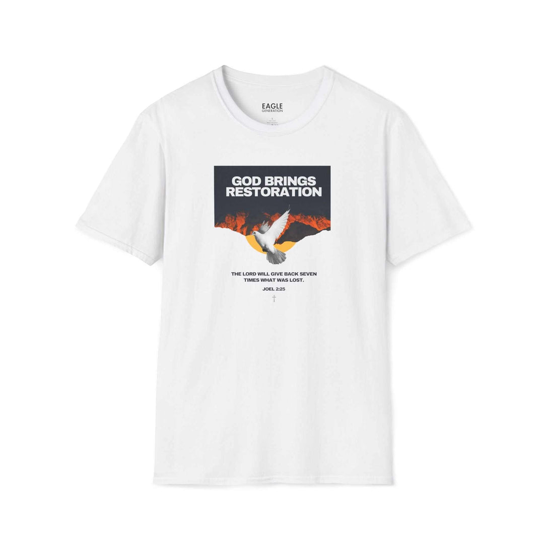 White Restored by Grace T-Shirt with "God Brings Restoration" text and dove graphic, made of 100% cotton with classic fit