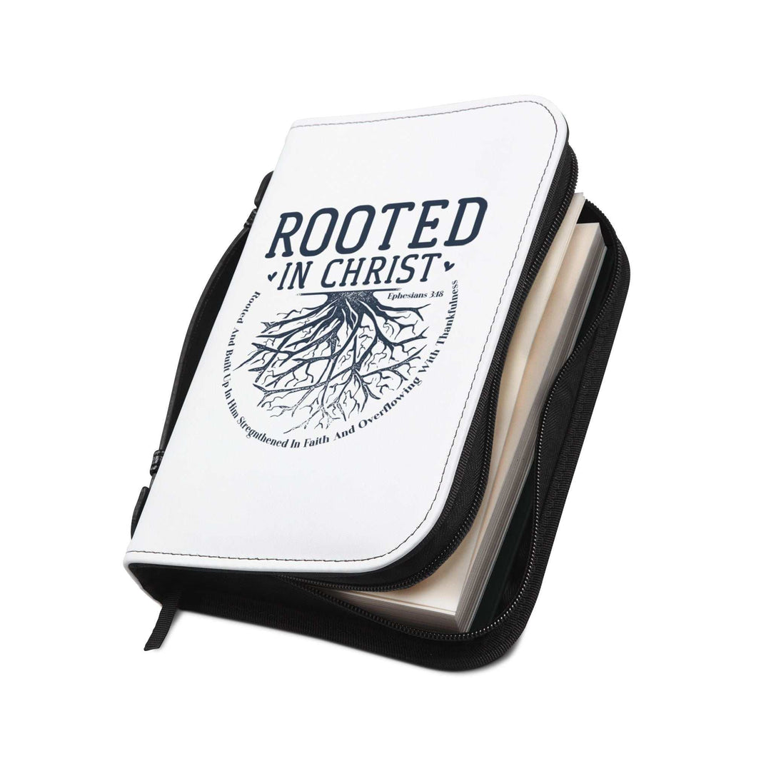 White Rooted Bible Cover in PU leather with black zipper and handle