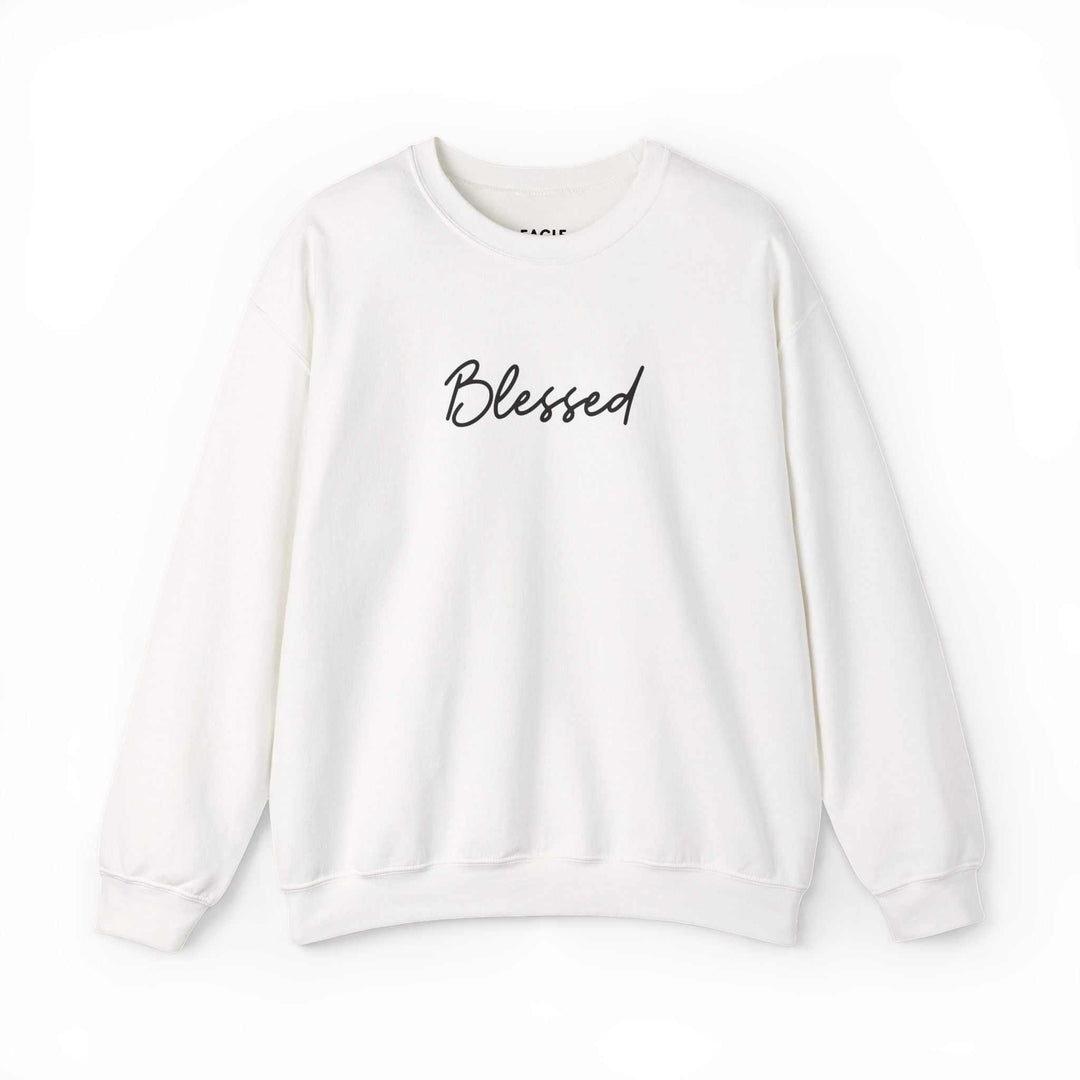 White Sweatshirt with ribbed crewneck and "Blessed" text