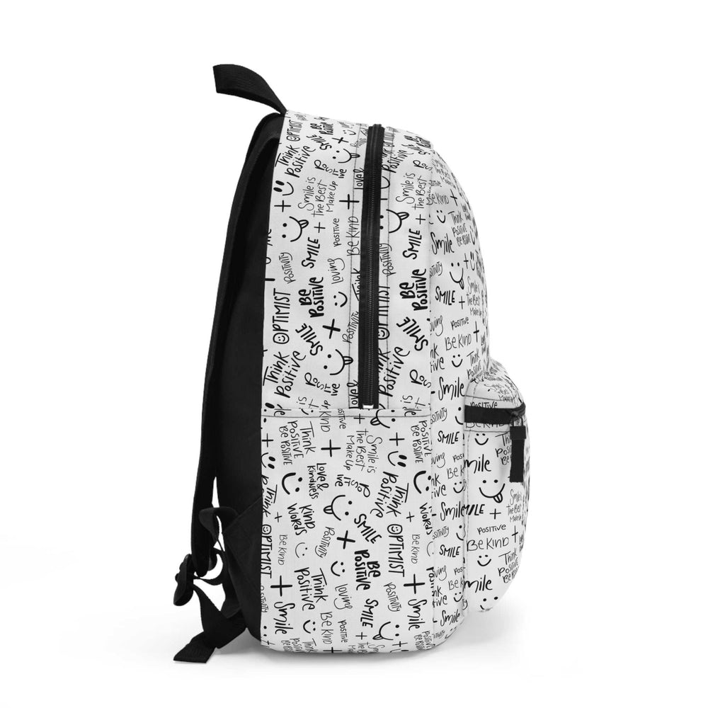 White Think Positive Backpack with black motivational text