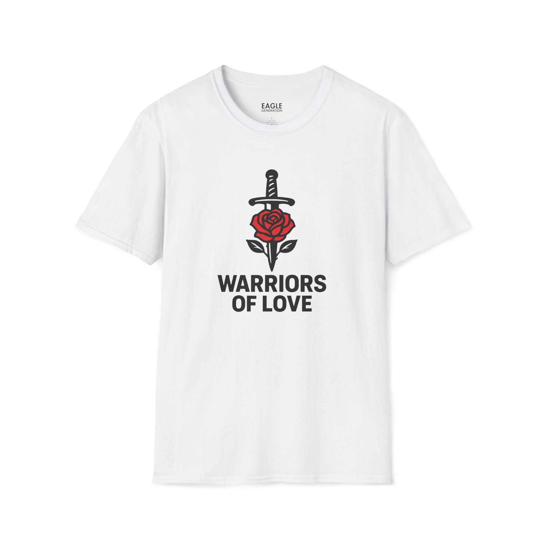 White Warriors of Love T-Shirt with sword and rose graphic