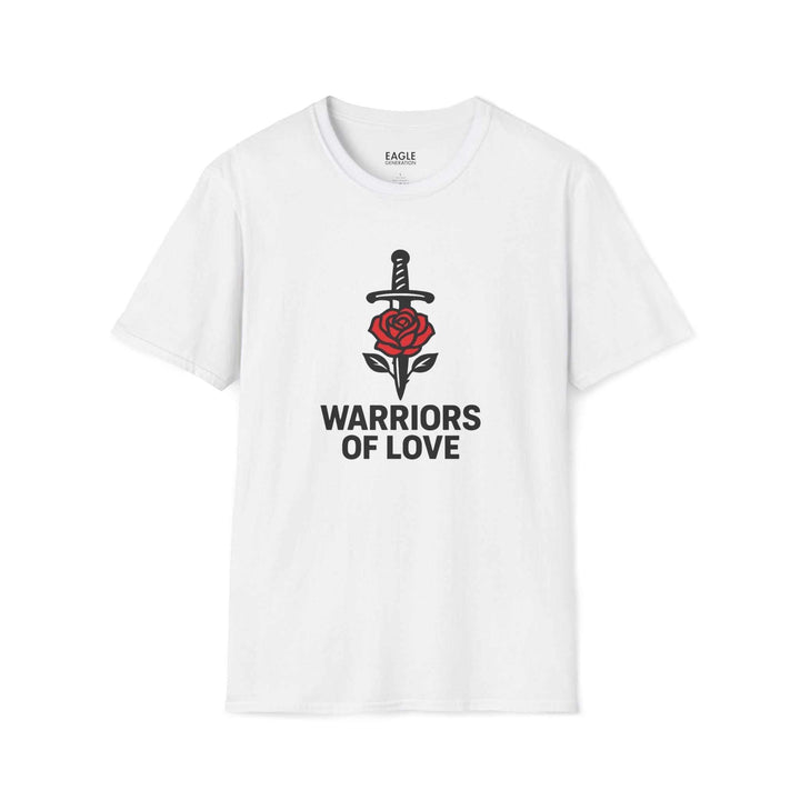 White Warriors of Love T-Shirt with sword and rose graphic