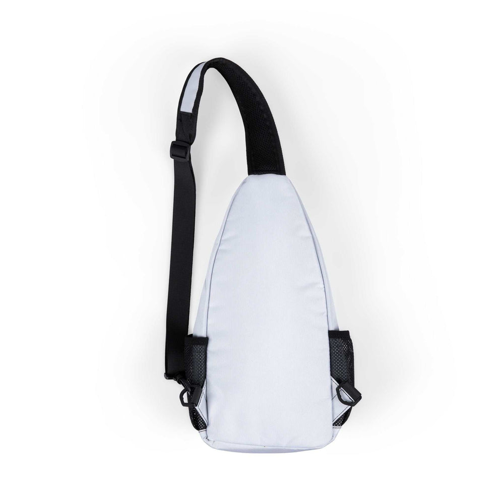 White nylon Blessed chest bag with black adjustable shoulder strap and multiple pockets