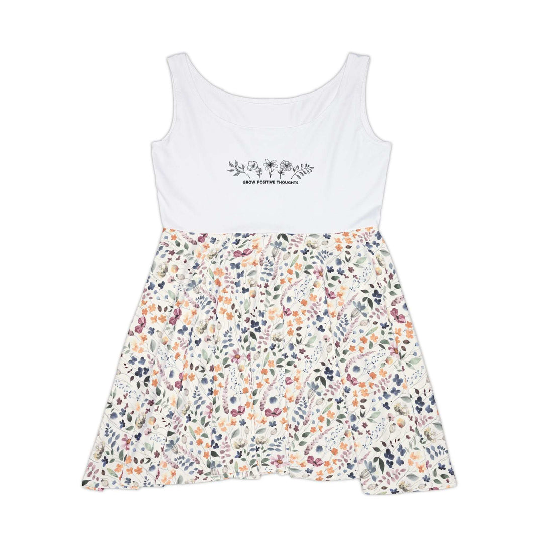 White and floral skater dress with "Grow positive thoughts" text