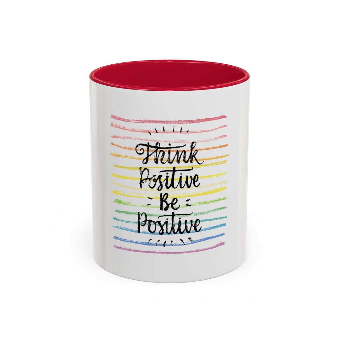 White ceramic Think Positive Mug with red interior