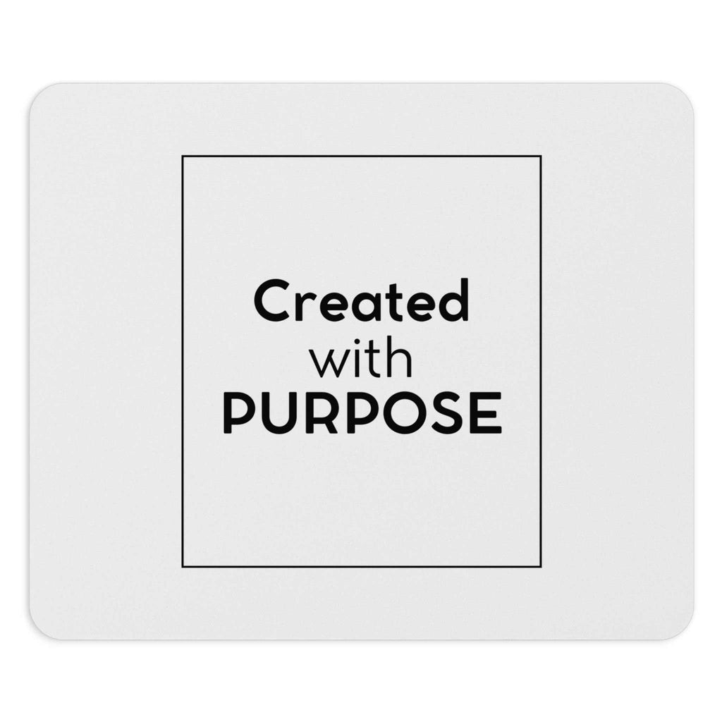 White cloth mouse pad with "Created with Purpose" text