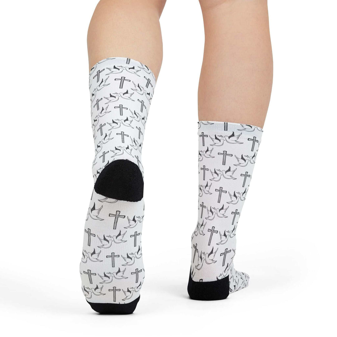 White crew socks with black heels and toes