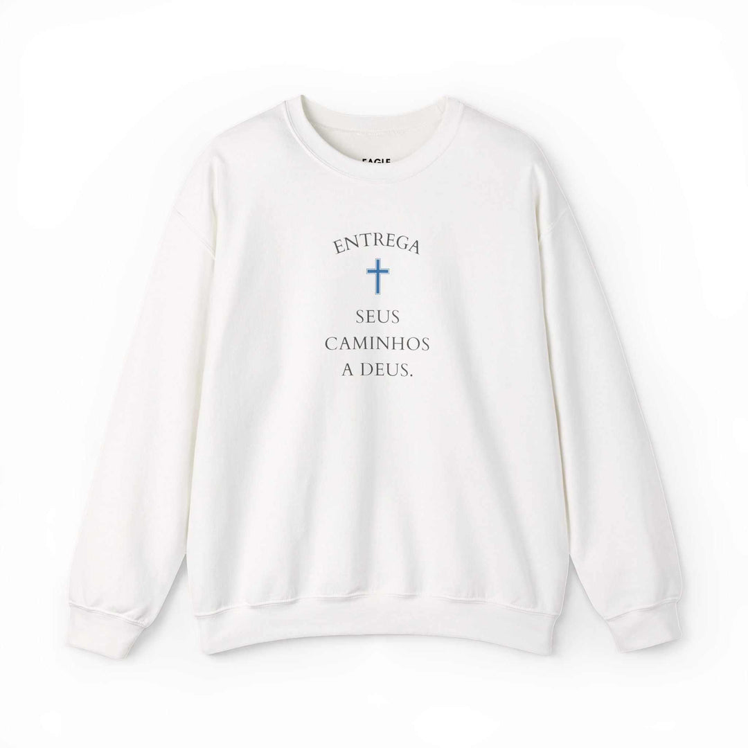 White crewneck sweatshirt with Portuguese religious text