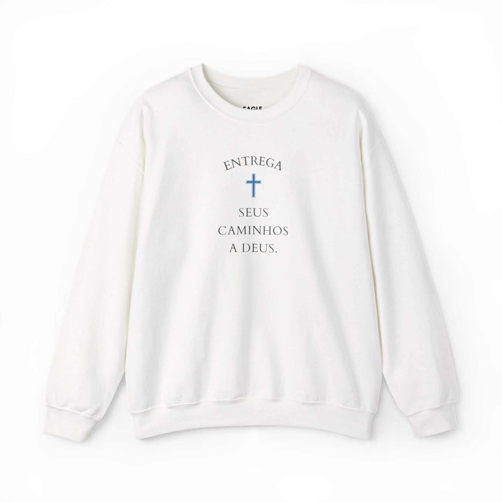 White crewneck sweatshirt with Portuguese religious text