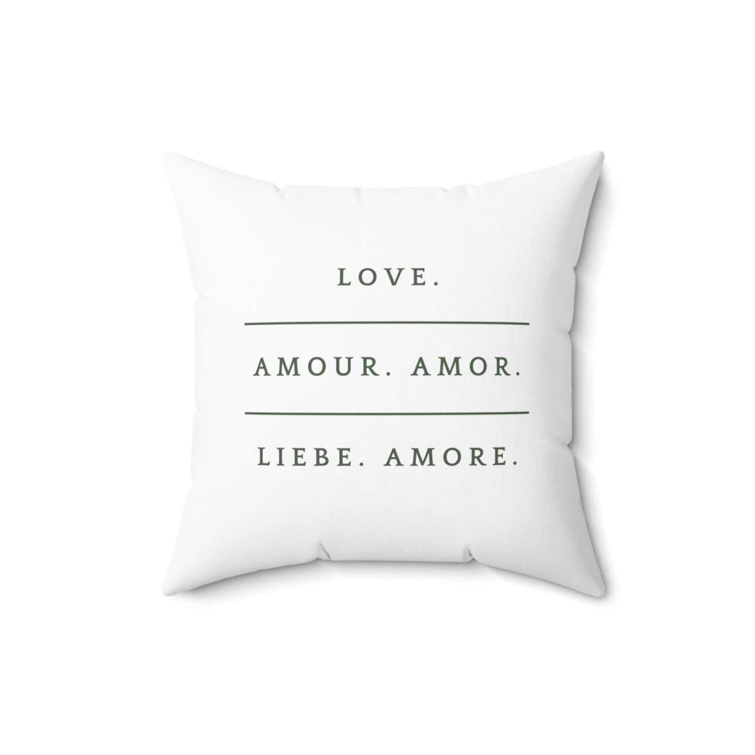White decorative pillow with the word "Love" in multiple languages, soft polyester material, double-sided print, concealed zipper.