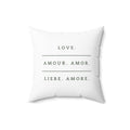 White Love pillow with multilingual text design, soft polyester cushion for cozy home decor