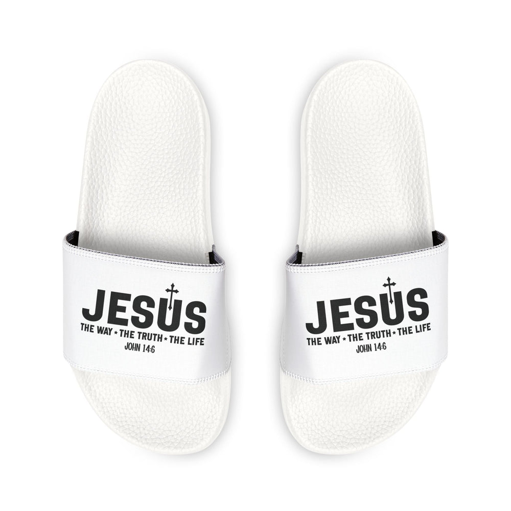 White men's Jesus sandals with black text and cross design