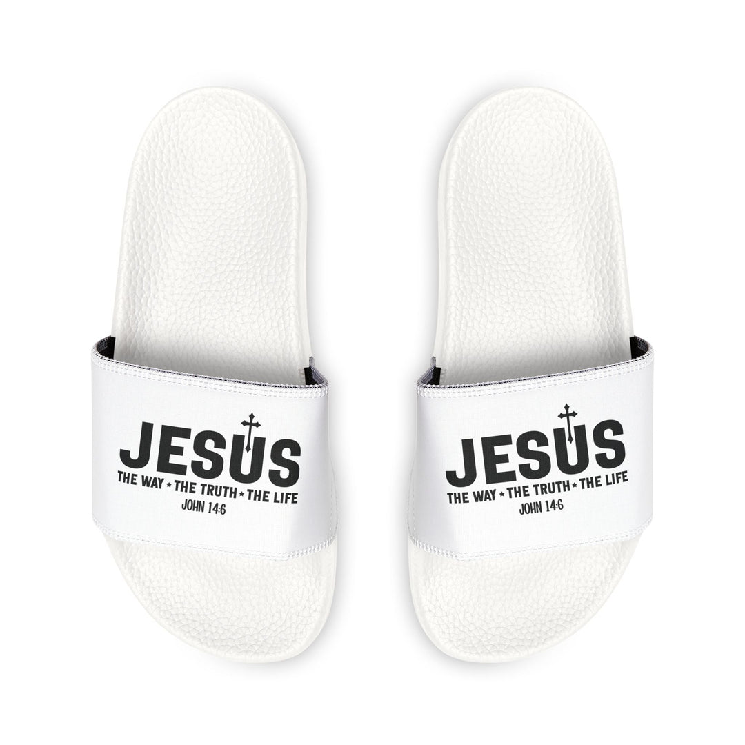 White men's Jesus sandals with black text and cross design